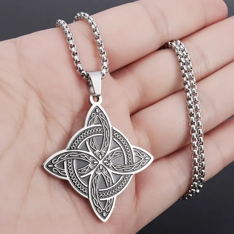 Metal Color: Rust Red - Stainless Steel Silver Color Pattern Witch Knot Pendant Necklace Celtic Knot Lucky Jewelry Gift for Friends Family