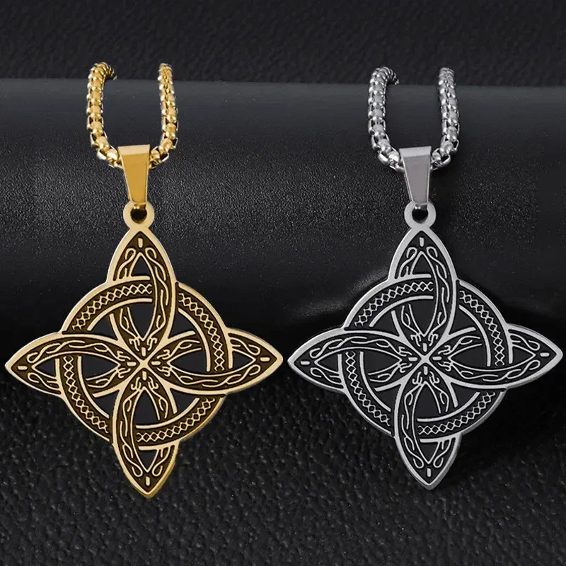 Metal Color: Rust Red - Stainless Steel Silver Color Pattern Witch Knot Pendant Necklace Celtic Knot Lucky Jewelry Gift for Friends Family