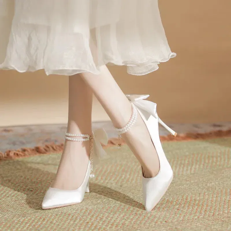 Color: Beige, Shoe Size: 40 - Size 35-40 Stiletto Heel Point Toe Pearls Buckle Belt 9cm High Heel Ladies Bow Satin Fabric White Wedding Shoes Women Pumps
