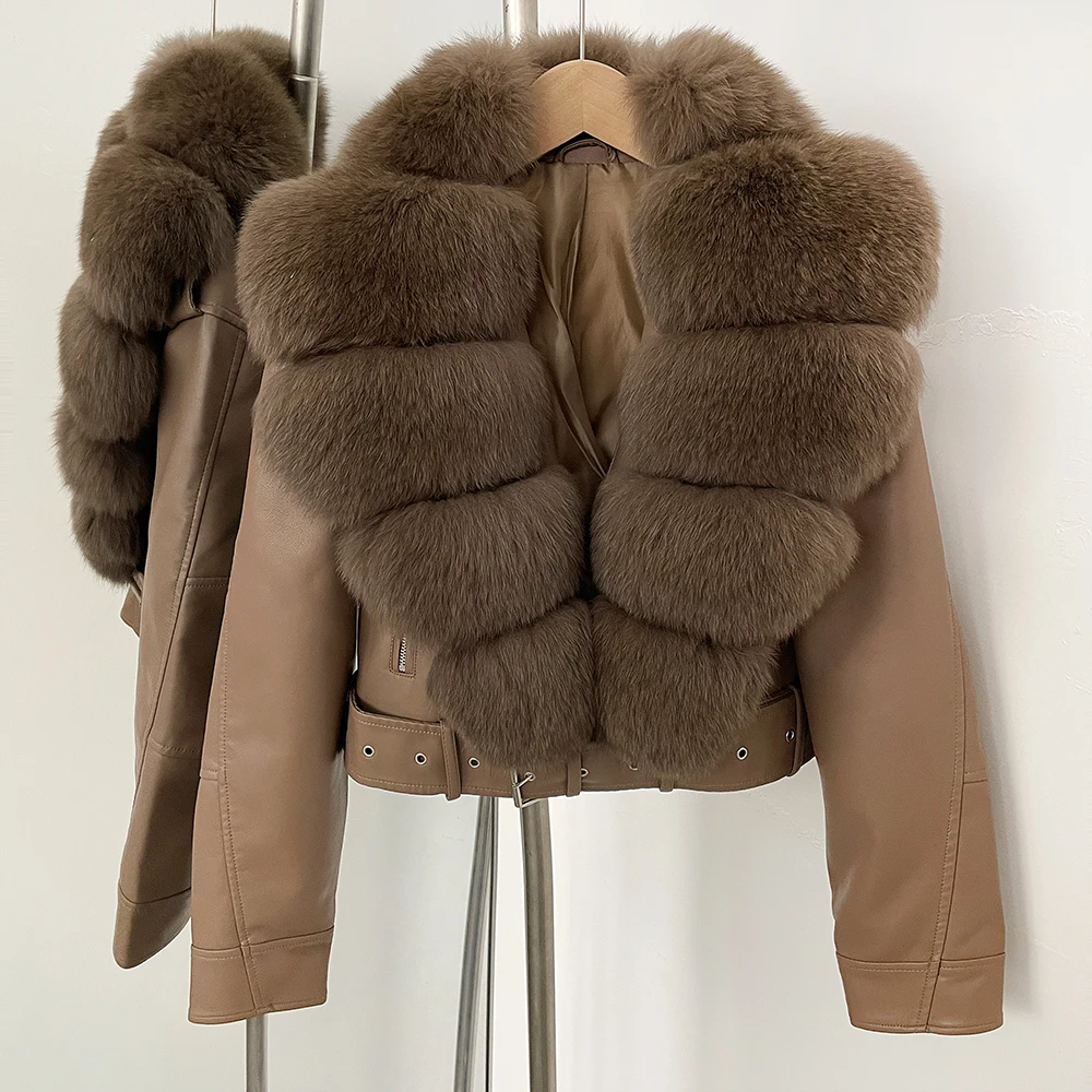 Color: ROYAL BLUE, Size: S - Fake Leather Coat New Natural Fox Fur Autumn Short Faux Leather Jacket Female Spring PU Women Long Sleeve Real Fur Coat Thin