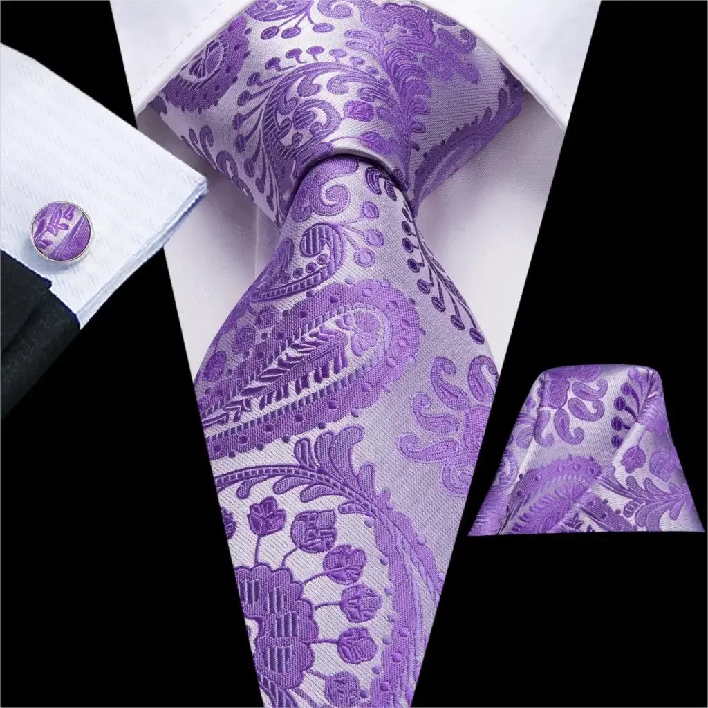 Color: Blue - Hi-Tie Purple Paisley Silk Elegent Tie for Men Novelty Design Handky cufflink Tie Set Party Business Wedding Dropshipping