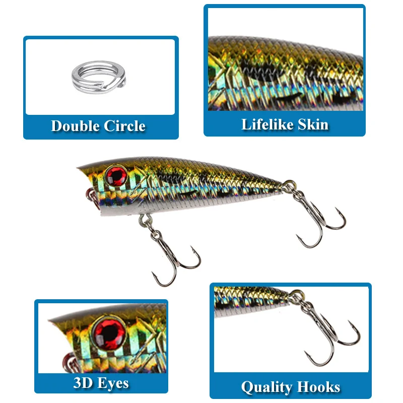 Color: Yellow - 1pc Popper Fishing Lure 6cm/6.5g Hard Bait Artificial Topwater Bass Trout Pike Wobbler Fishing Tackle with 2 Treble Hooks