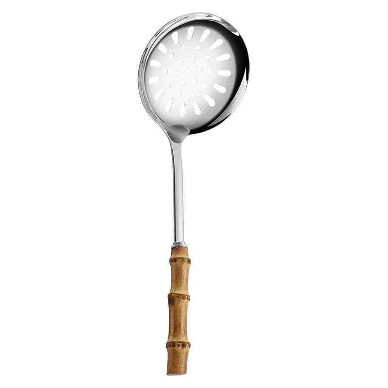 Color: Chocolate - Natural bamboo handle stainless steel frying shovel Japanese-style soup spoon Creative new colander shovel kitchen utensils set