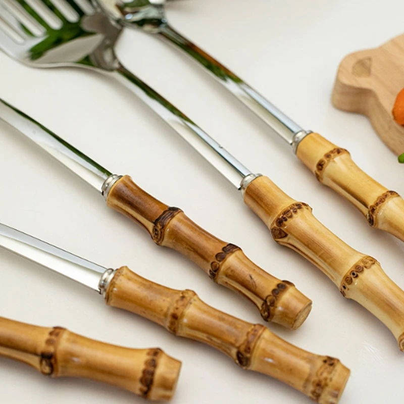 Color: Chocolate - Natural bamboo handle stainless steel frying shovel Japanese-style soup spoon Creative new colander shovel kitchen utensils set