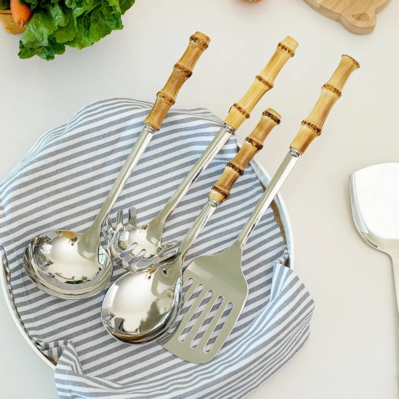 Color: Chocolate - Natural bamboo handle stainless steel frying shovel Japanese-style soup spoon Creative new colander shovel kitchen utensils set