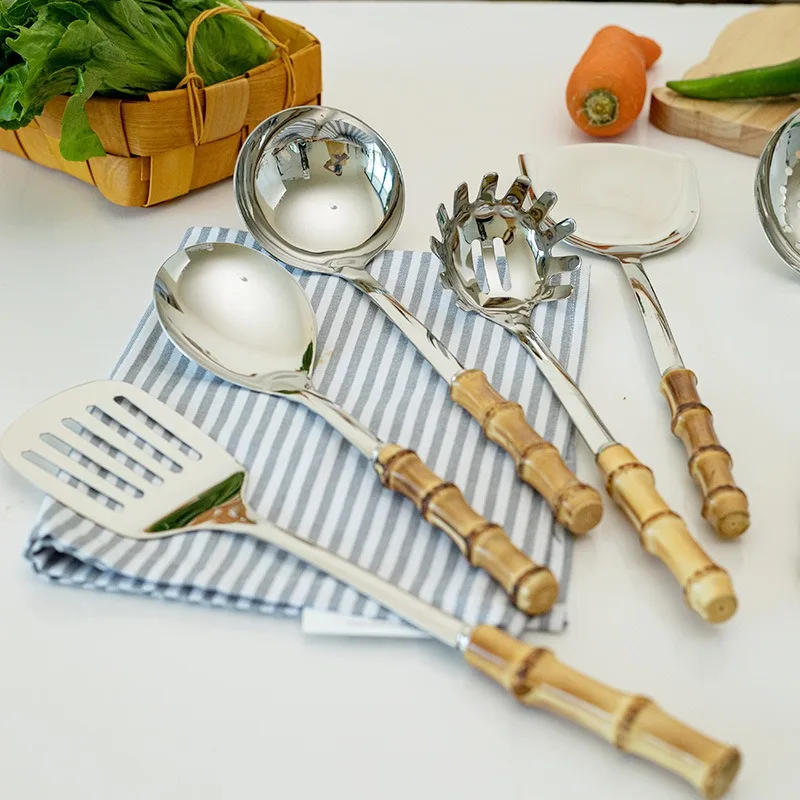 Color: Chocolate - Natural bamboo handle stainless steel frying shovel Japanese-style soup spoon Creative new colander shovel kitchen utensils set