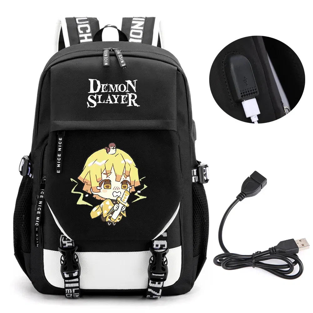 Color: GRAY - Anime Demon Slayer Kamado Nezuko Backpack School Book Bags Mochila Travel USB Port Bag Laptop Boy Girls Gift