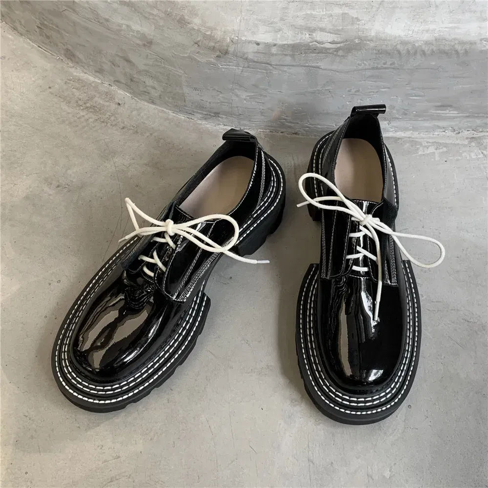 Color: Blue, Shoe Size: 9 - MILI-MIYA New Arrival Thick Heels Women Cow Patent Leather Pumps Lace Up Round Toe Fashion Street Casual Shoes Size 34-42