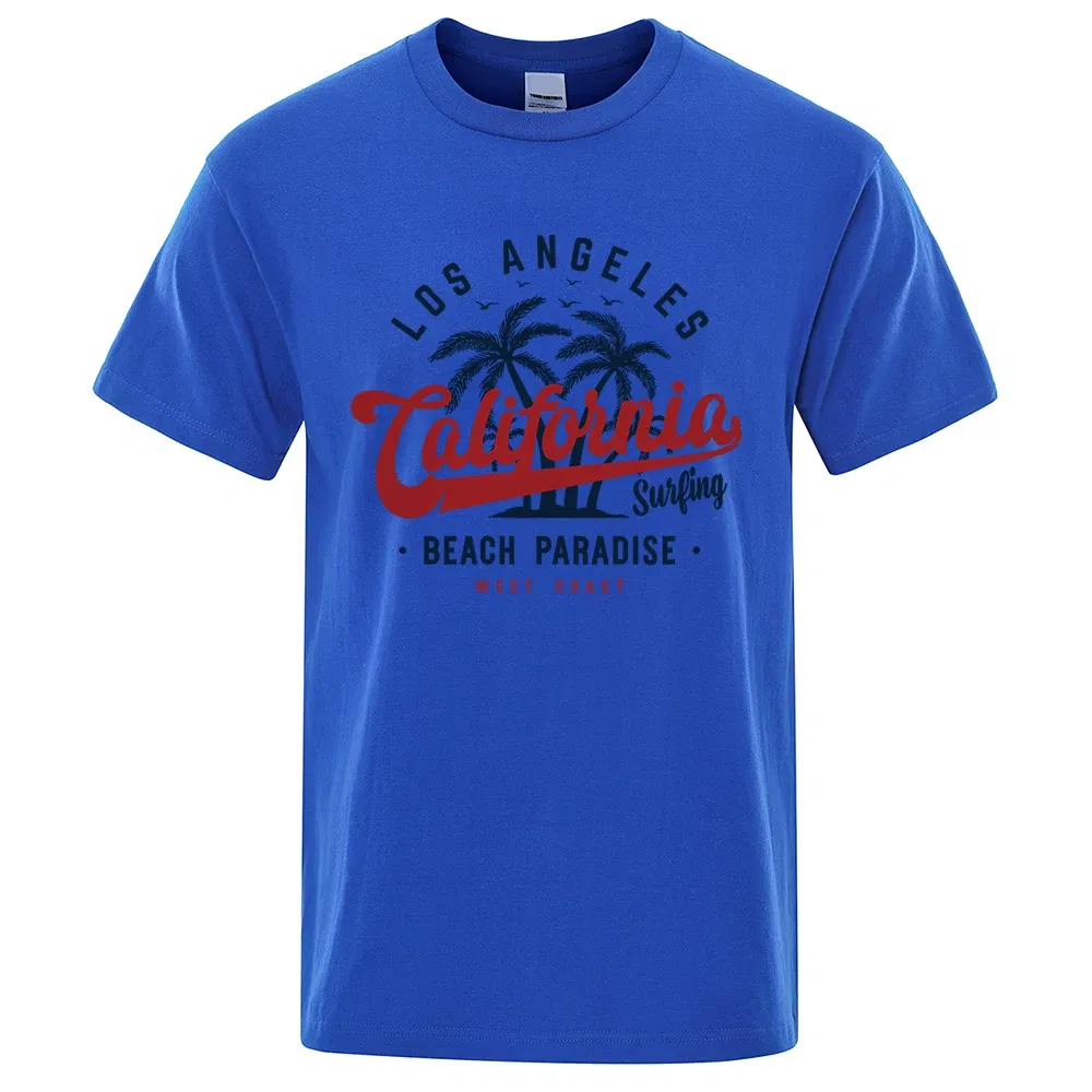 Color: SKY BLUE, Size: S - Los Angeles California Beach Paradise Men Tops Fashion Crewneck T Shirt Cotton Summer T-Shirt Breathable Oversize Clothes