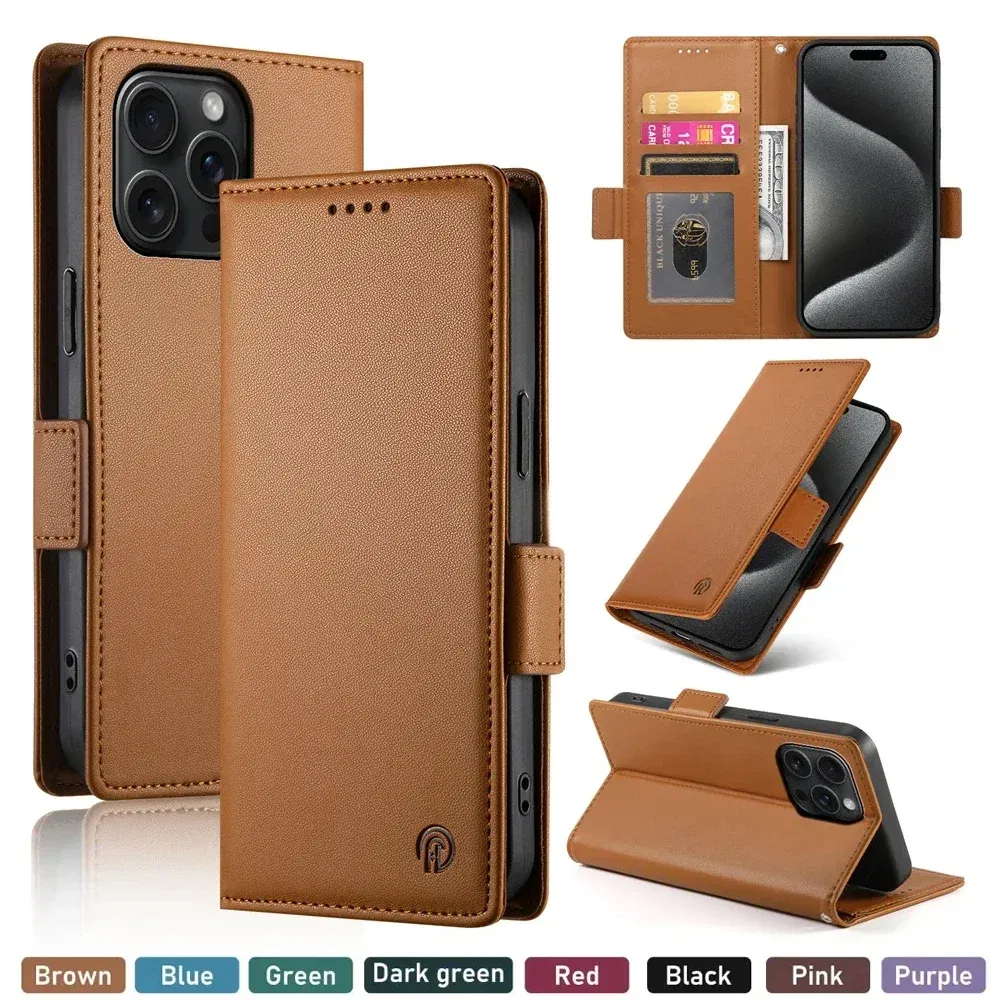 Color: Red, Material: PE - PU Leather Flip Phone Case For iPhone 16 15 Pro Max 16E 14 13 1211 XS Max XR X 8 7 Plus SE KickStand Cards Solt Wallet Cover