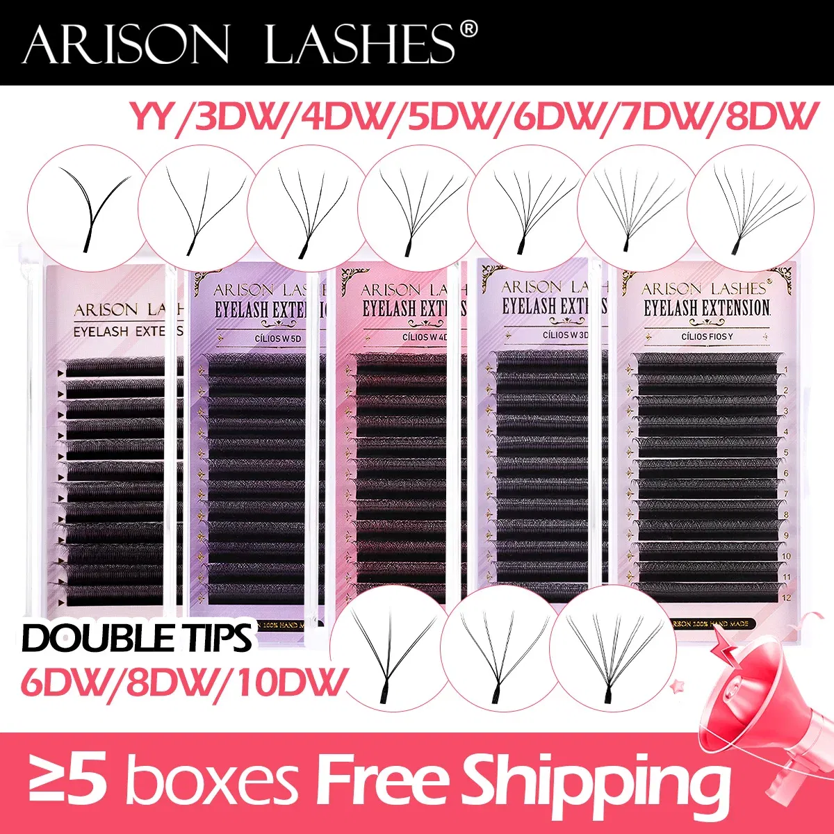 Color: Rose Red, Curl: D, Thickness: 0.07mm, Length: 17mm - ARISON LASHES W Shape 3/4/5/6D Eyelashes Extension Premade Volume Fans YY-shape Lashes Faux Mink Soft Easy Faning Natural Lashes