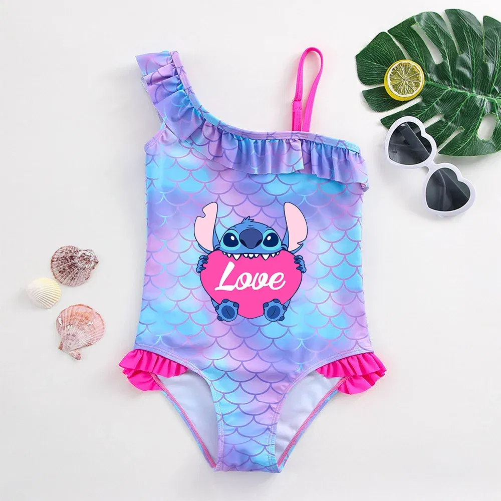 Color: DEEP BLUE, Size: XL - Stitch Girls Swimsuit Fashion Mermaid Fish Scale One-Piece Bathing Suits Children's Dresses Summer Swimwear Beach Suit Kids Wear