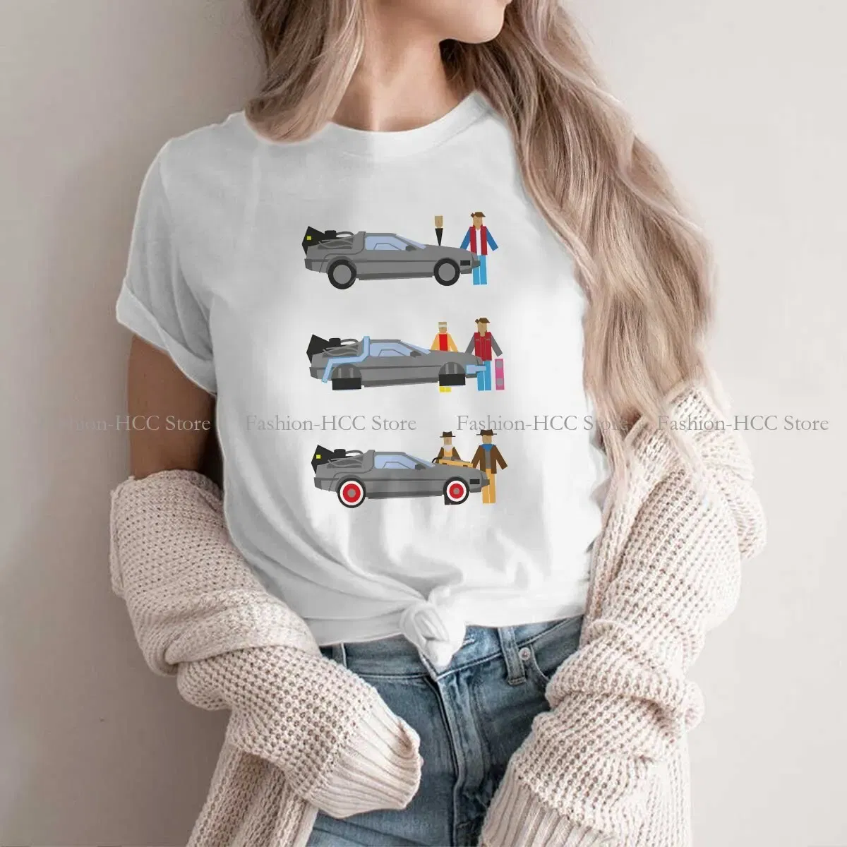 Color: WHITE, Size: M - Delorian Hip Hop Polyester TShirt Back To The Future Style Tops Leisure T Shirt Female Tee