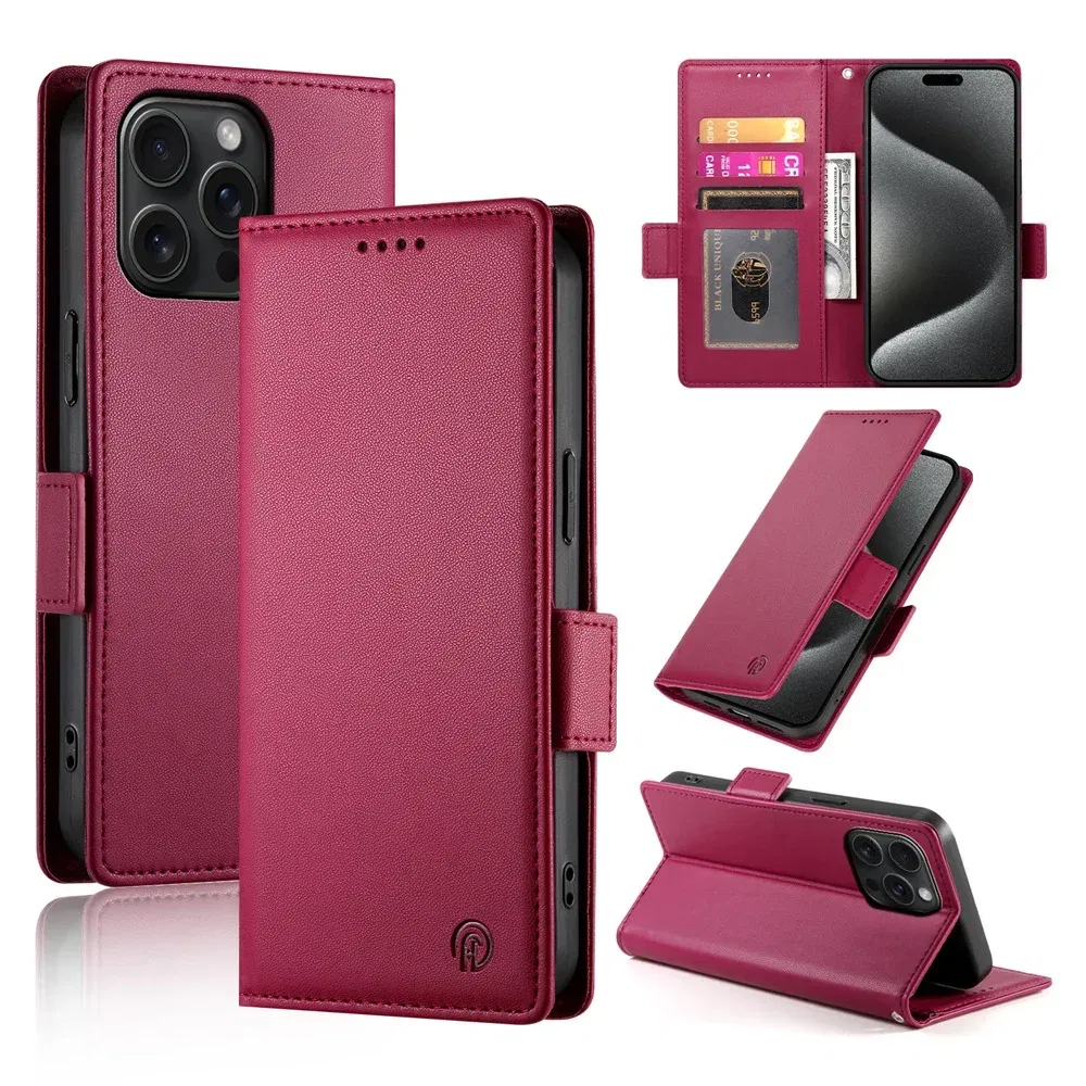 Color: Red, Material: PVC - PU Leather Flip Phone Case For iPhone 16 15 Pro Max 16E 14 13 1211 XS Max XR X 8 7 Plus SE KickStand Cards Solt Wallet Cover