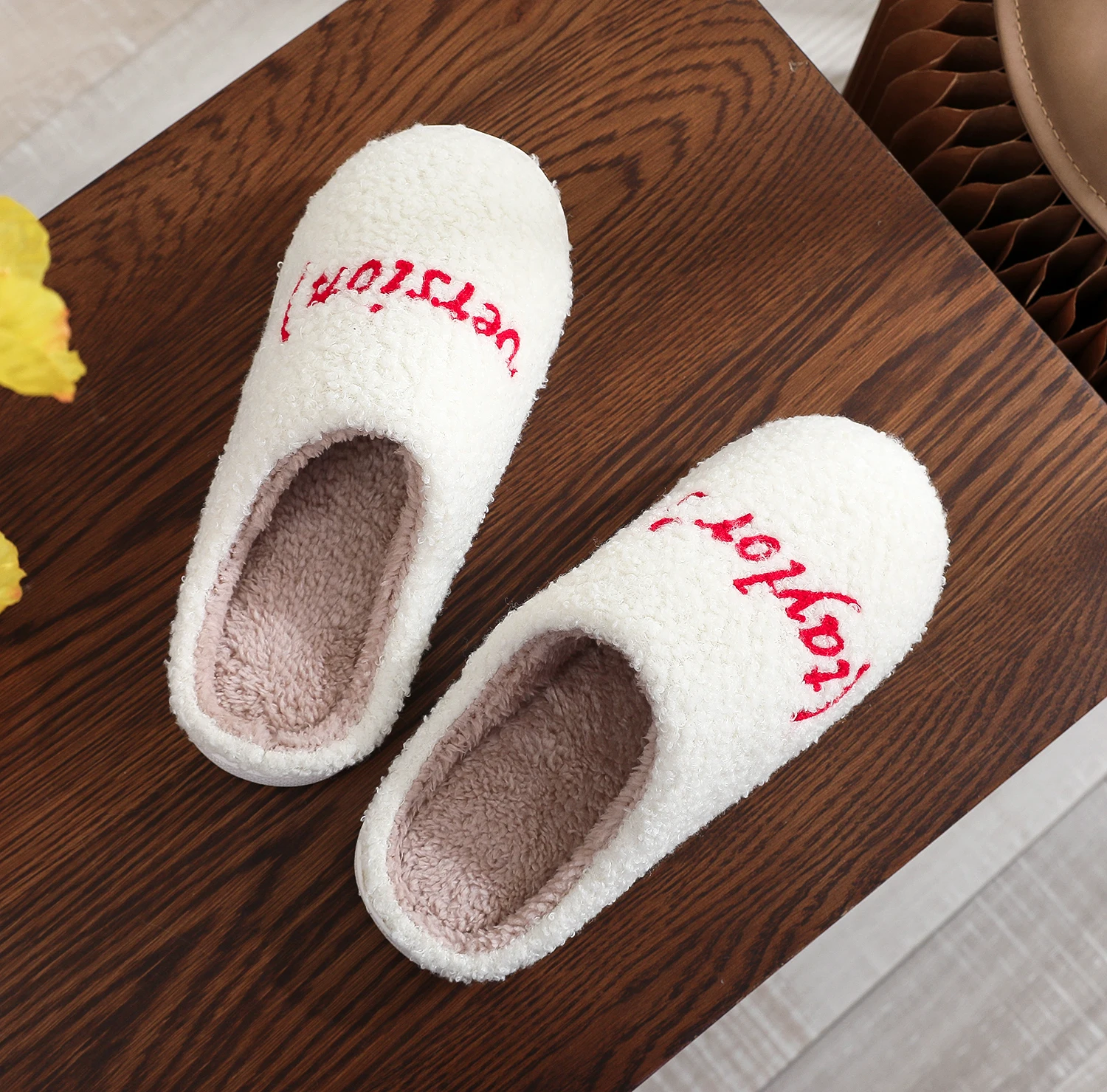 Color: WHITE, Shoe Size: 44 - Winter home home tapors version pattern cotton slippers non-slip thick-soled wool cotton slippers