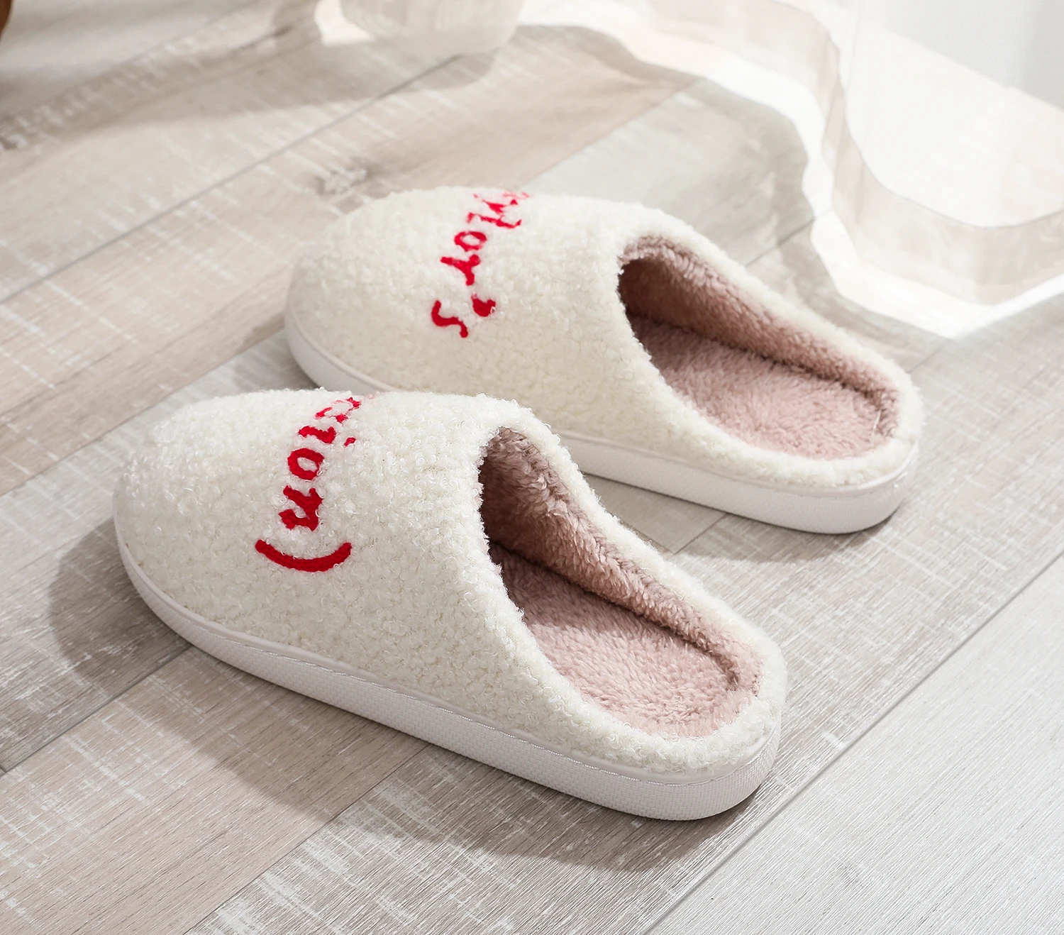 Color: WHITE, Shoe Size: 44 - Winter home home tapors version pattern cotton slippers non-slip thick-soled wool cotton slippers