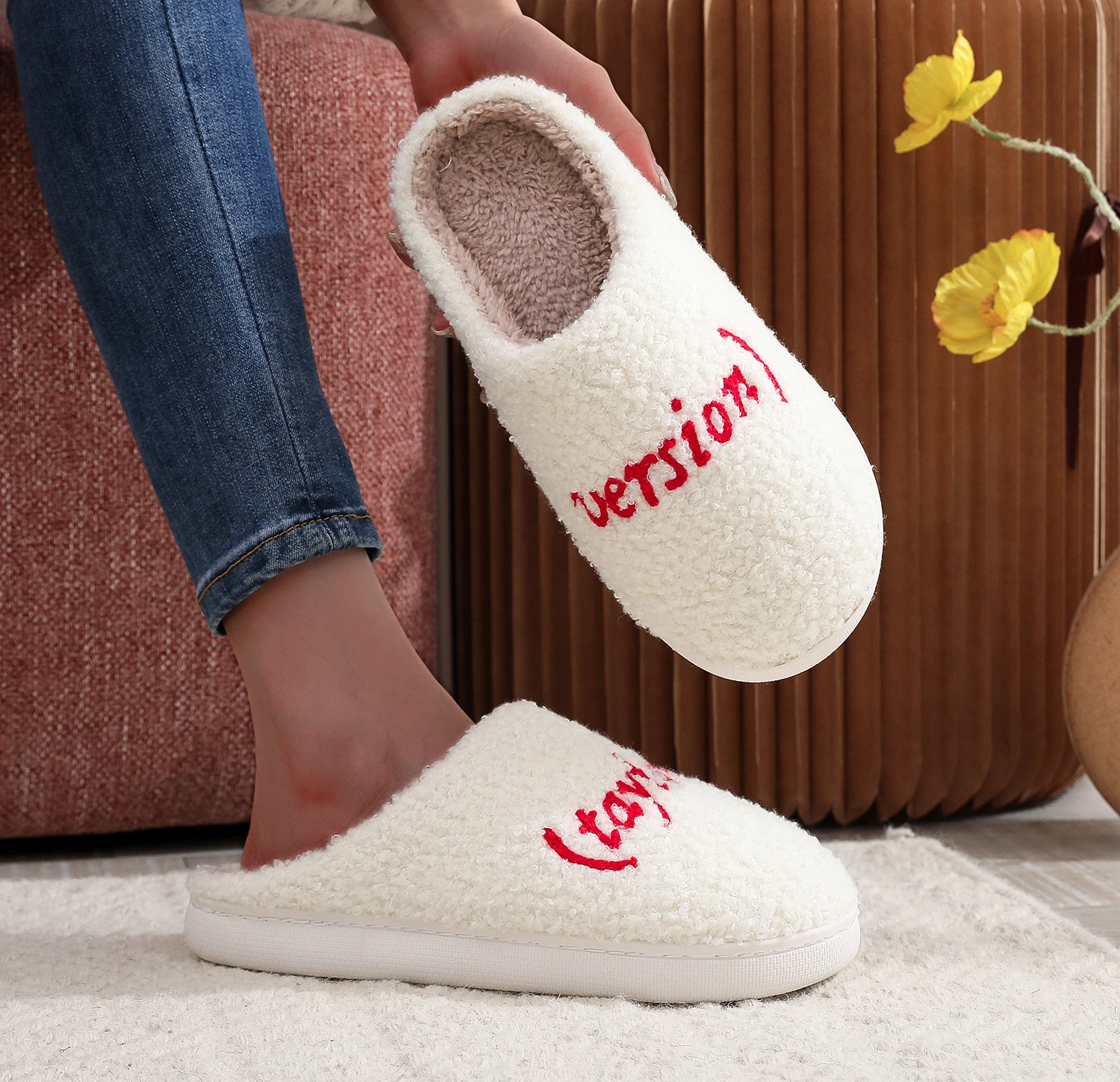 Color: WHITE, Shoe Size: 44 - Winter home home tapors version pattern cotton slippers non-slip thick-soled wool cotton slippers