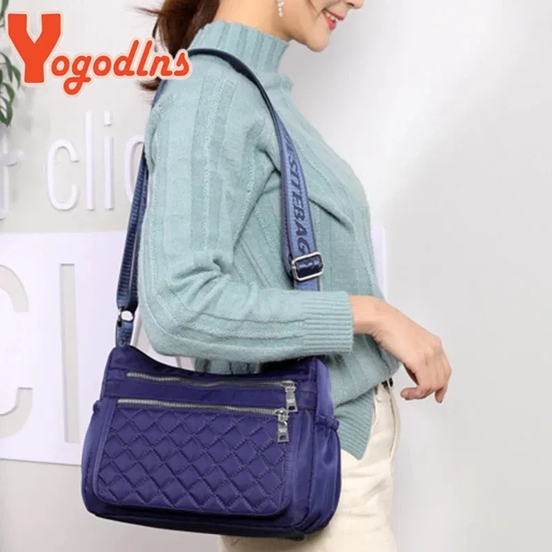 Color: Lake Blue - Yogodlns Women Nylon Shoulder Bag Waterproof Multi-pocket Zipper Bag Ladies Travel Messenger Bag For Designer Bolsa Feminina