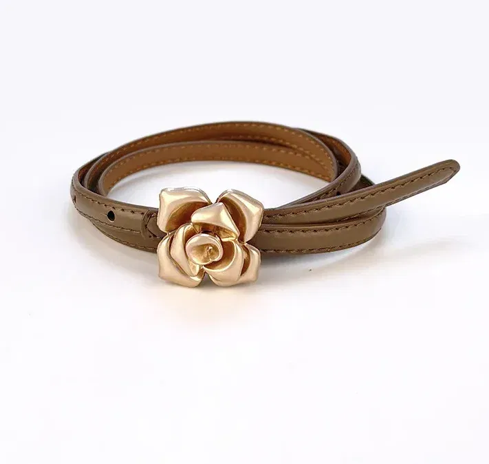 Color: army green, Belt Length: 105CM - 1.0cm New Unique Rose Genuine Leather Gold Belt Women Fashion Cowskin Flower Thin Belts Female Jeans Dress Waistband