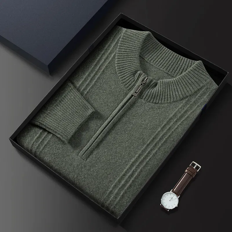 Color: army green, Size: M - Men's Sweater Pullover Autumn Winter Sweater Warm Clothing 100% Cashmere Business Long Sleeve Classic Quality Mock Neck Knit Top
