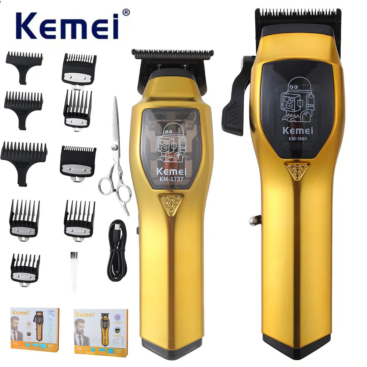 Color: Brown - Kemei Electric Hair Clippers and Hair Trimmer Kit Men Professional USB-C Rechargeable Cordless 0mm Finish Hair Cutting Machine