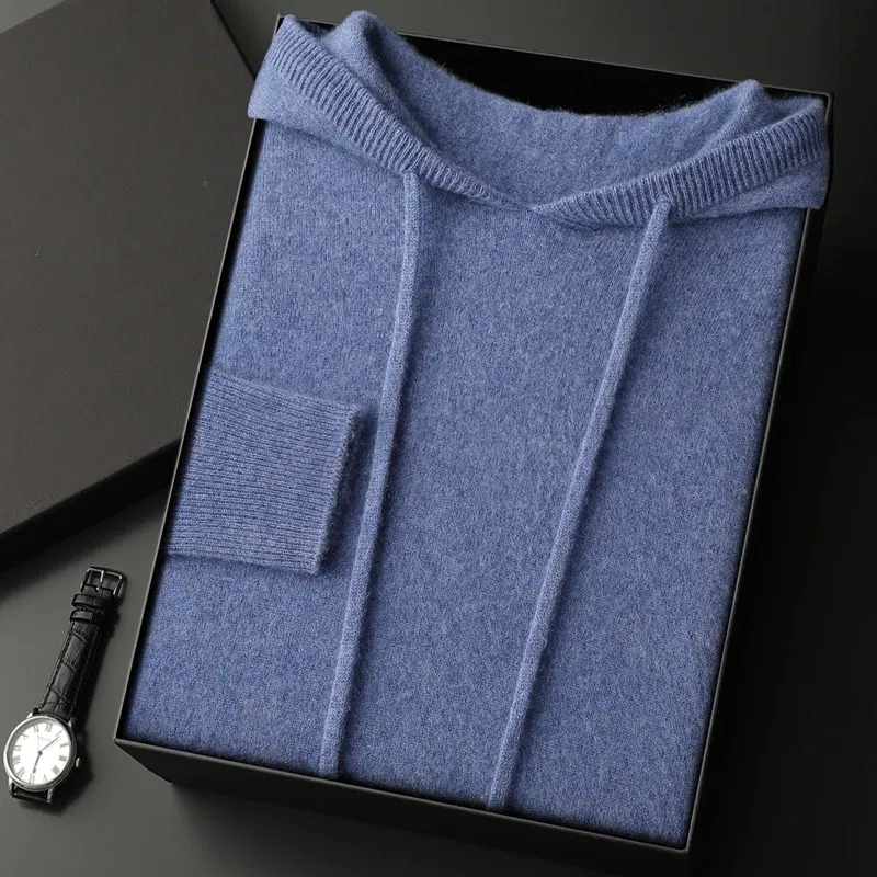 Color: SKY BLUE, Size: XXL - MEETCC Luxury Men Cashmere Hooded Pullover Thick Warm Hoodie Sweater Autumn Winter 100% Cashmere Knitwear Quality Jumpers Tops
