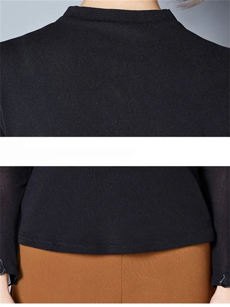 Color: black, Size: 4XL - Hollow Out Women Spring Autumn Style Lace Blouses Shirts Casual Long Sleeve Patchwork Spliced Turtleneck Blusas Tops DF1491