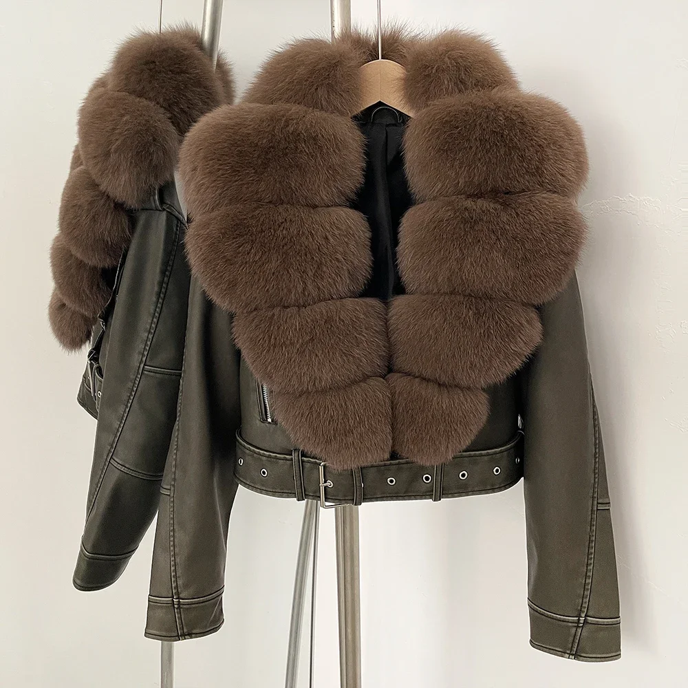 Color: Fuchsia, Size: XL - Fake Leather Coat New Natural Fox Fur Autumn Short Faux Leather Jacket Female Spring PU Women Long Sleeve Real Fur Coat Thin