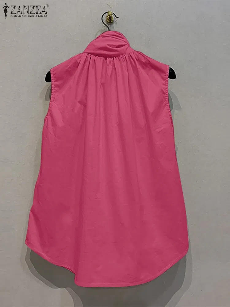 Color: Rose Red, Size: XXXL - ZANZEA Women Fashion Bow Tie Neck Tank Tops 2024 Summer Casual Solid Sleeveless Blusas Mujer Elegant Korean Style Shirts Blouses