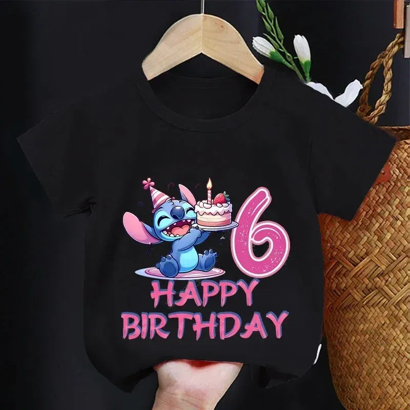 Color: Brown, Kid Size: 17 - Lilo Stitch Children T-shirt Birthday 3-10 Years Boy Girl Clothing Summer Cartoon Print Tshirt Short Sleeve Cotton Top Baby Tee
