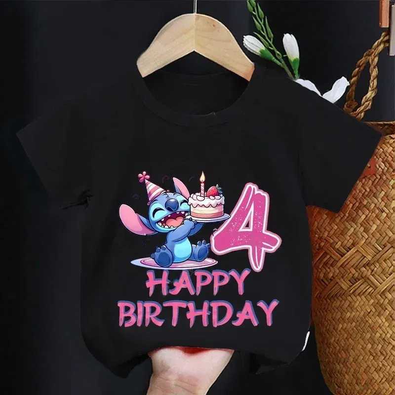 Color: Brown, Kid Size: 17 - Lilo Stitch Children T-shirt Birthday 3-10 Years Boy Girl Clothing Summer Cartoon Print Tshirt Short Sleeve Cotton Top Baby Tee