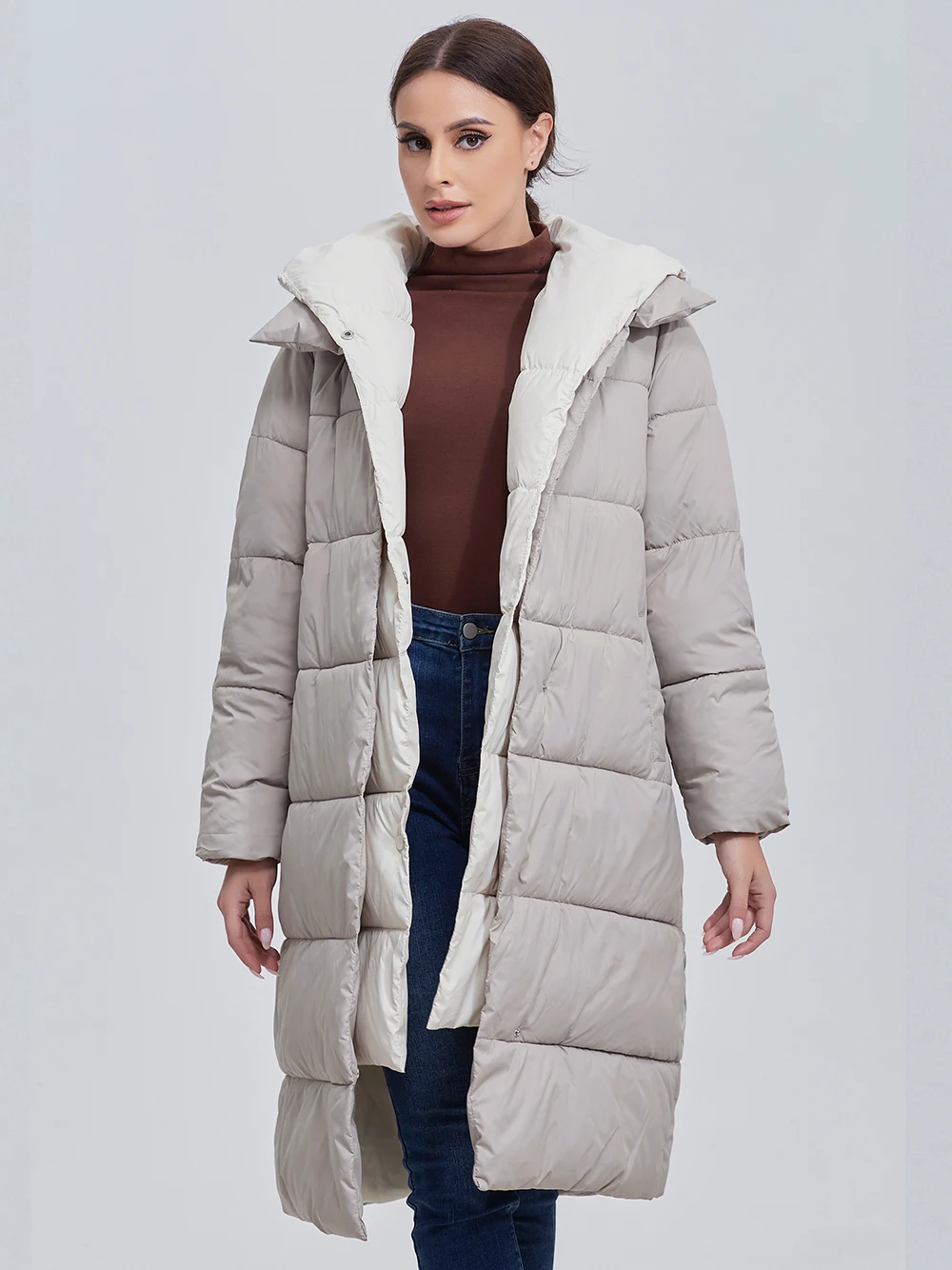 Color: GRAY, Size: S - Marwin 2023 Winter Elegant Women's Cotton Coat Stylish Collar Long Warm Hooded Jacket Female Windproof Parka
