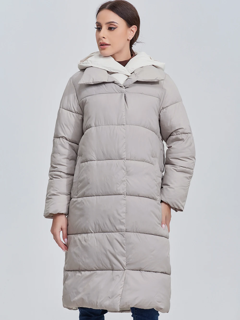 Color: GRAY, Size: S - Marwin 2023 Winter Elegant Women's Cotton Coat Stylish Collar Long Warm Hooded Jacket Female Windproof Parka
