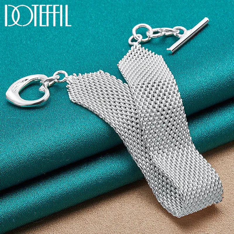 DOTEFFIL 925 Sterling Silver Watchband Network Heart Bracelet Chain For Woman Man Charm Wedding Engagement Party Fashion Jewelry