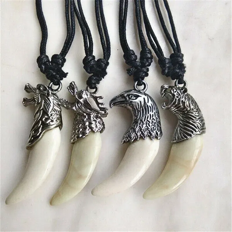 Metal Color: Blue Zinc, Length: 60cm, Ships From: CHINA - 8 style Punk Alloy Wolf Leopard head Eagle Head Tiger Teeth Pendant Necklace Charms Beads Sweater Chain Rope Women Amulet