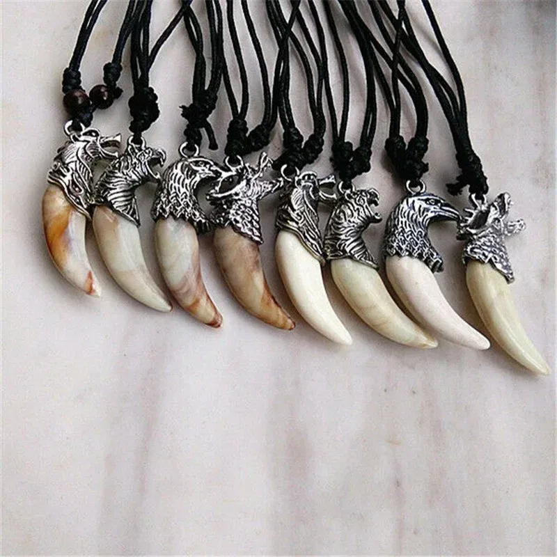 Metal Color: Blue Zinc, Length: 60cm, Ships From: CHINA - 8 style Punk Alloy Wolf Leopard head Eagle Head Tiger Teeth Pendant Necklace Charms Beads Sweater Chain Rope Women Amulet