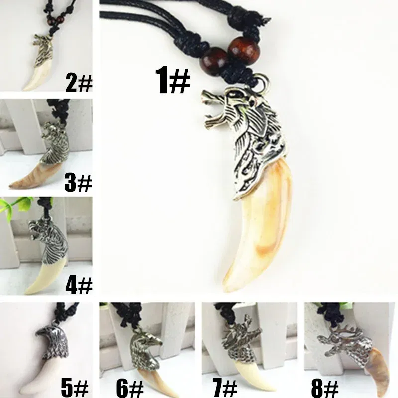 Metal Color: Blue Zinc, Length: 60cm, Ships From: CHINA - 8 style Punk Alloy Wolf Leopard head Eagle Head Tiger Teeth Pendant Necklace Charms Beads Sweater Chain Rope Women Amulet