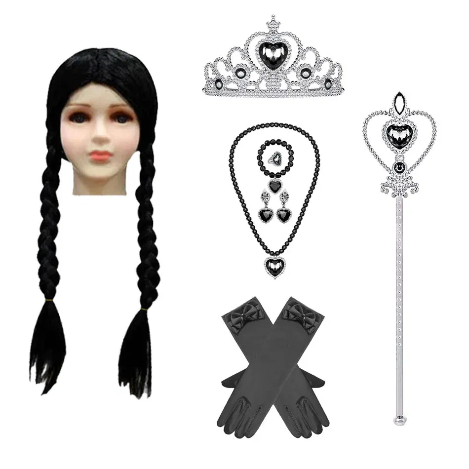 Color: black - Wednesday Wig For Kids Halloween Wednesday Addams Black Braids Synthetic Hair Cosplay Accessories Crown Necklace Headdress Suit