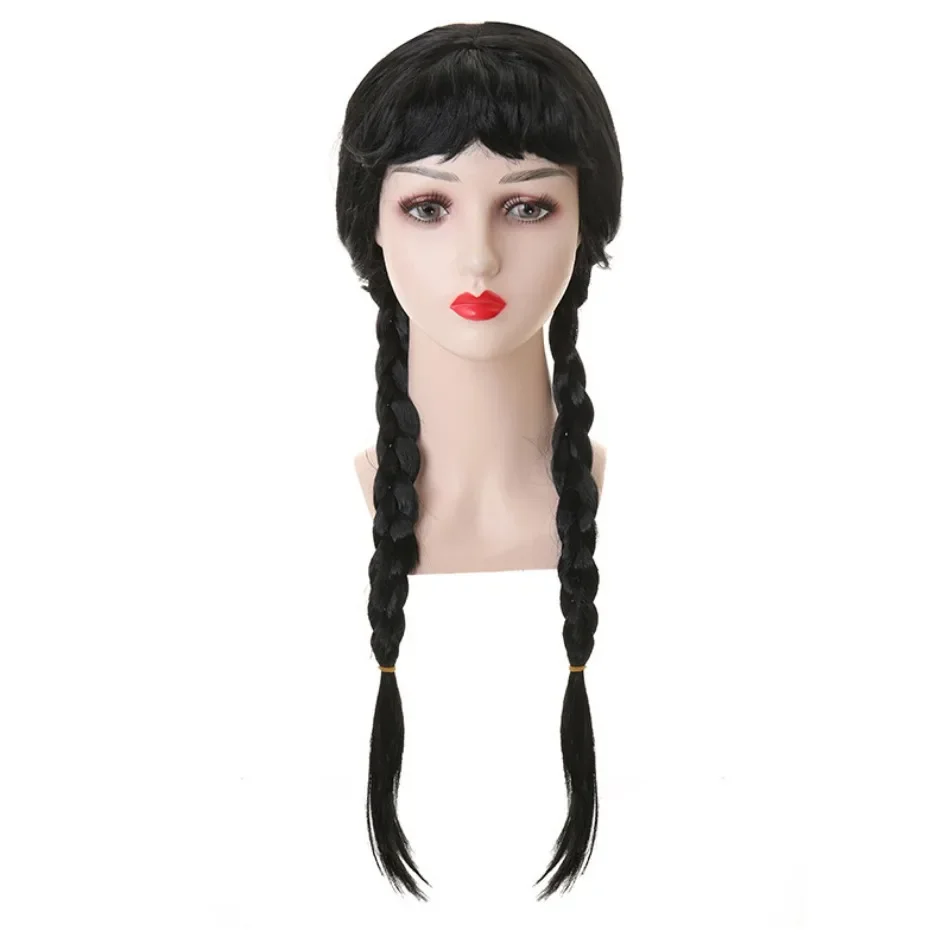 Color: black - Wednesday Wig For Kids Halloween Wednesday Addams Black Braids Synthetic Hair Cosplay Accessories Crown Necklace Headdress Suit