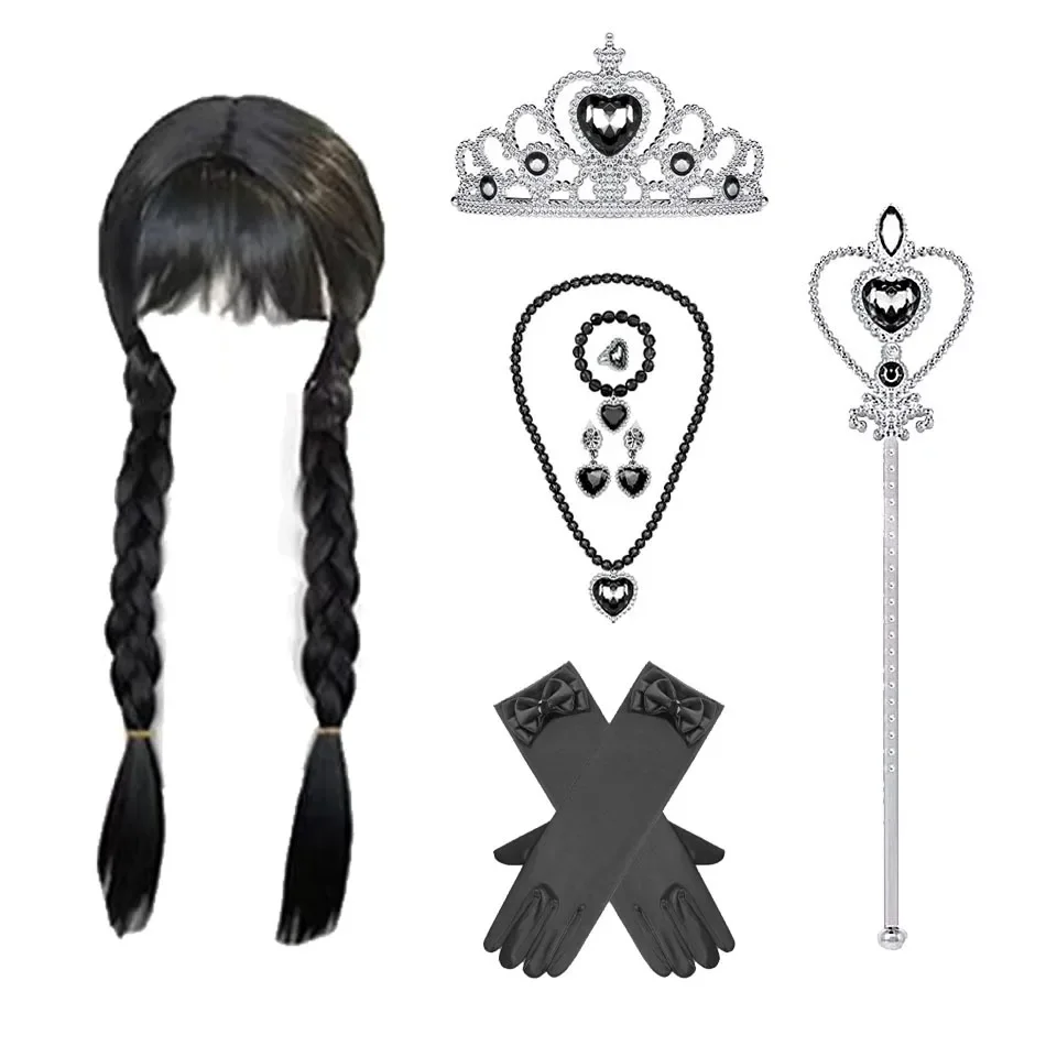 Color: black - Wednesday Wig For Kids Halloween Wednesday Addams Black Braids Synthetic Hair Cosplay Accessories Crown Necklace Headdress Suit
