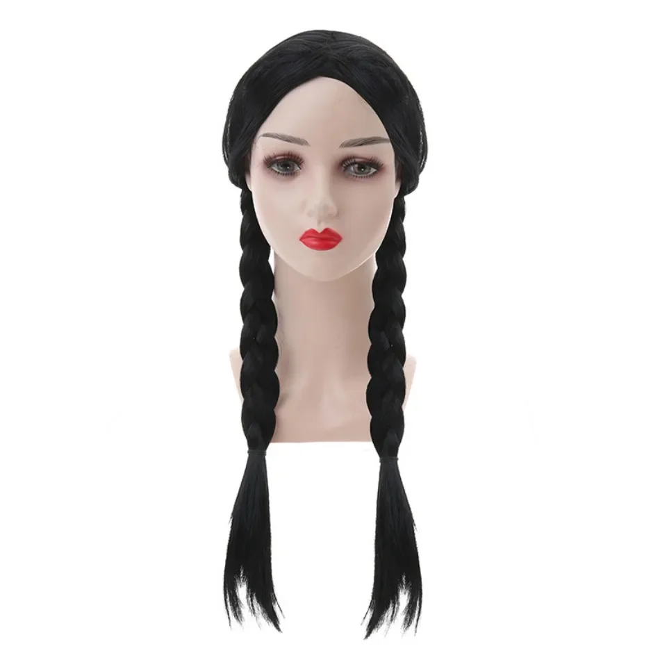 Color: black - Wednesday Wig For Kids Halloween Wednesday Addams Black Braids Synthetic Hair Cosplay Accessories Crown Necklace Headdress Suit