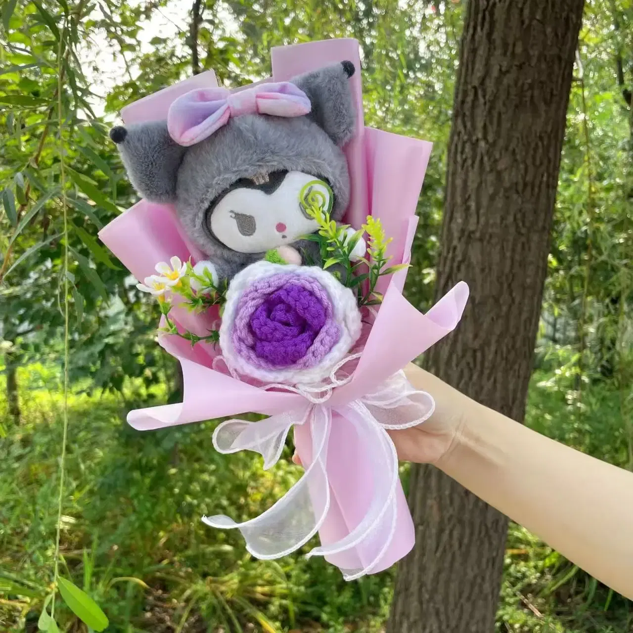 Color: Blue - Kawaii Hello Kitty Cat Dolls With Artificial Flowers Creative Bouquet Christmas Valentine Birthday Graduation Gifts