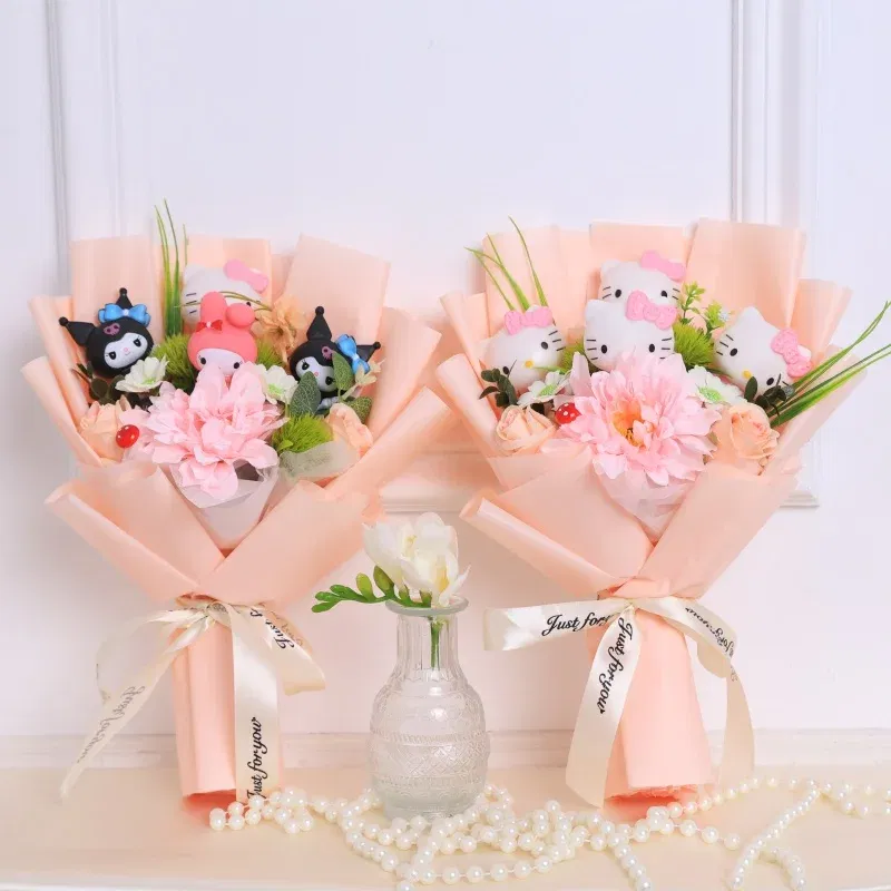 Color: Blue - Kawaii Hello Kitty Cat Dolls With Artificial Flowers Creative Bouquet Christmas Valentine Birthday Graduation Gifts