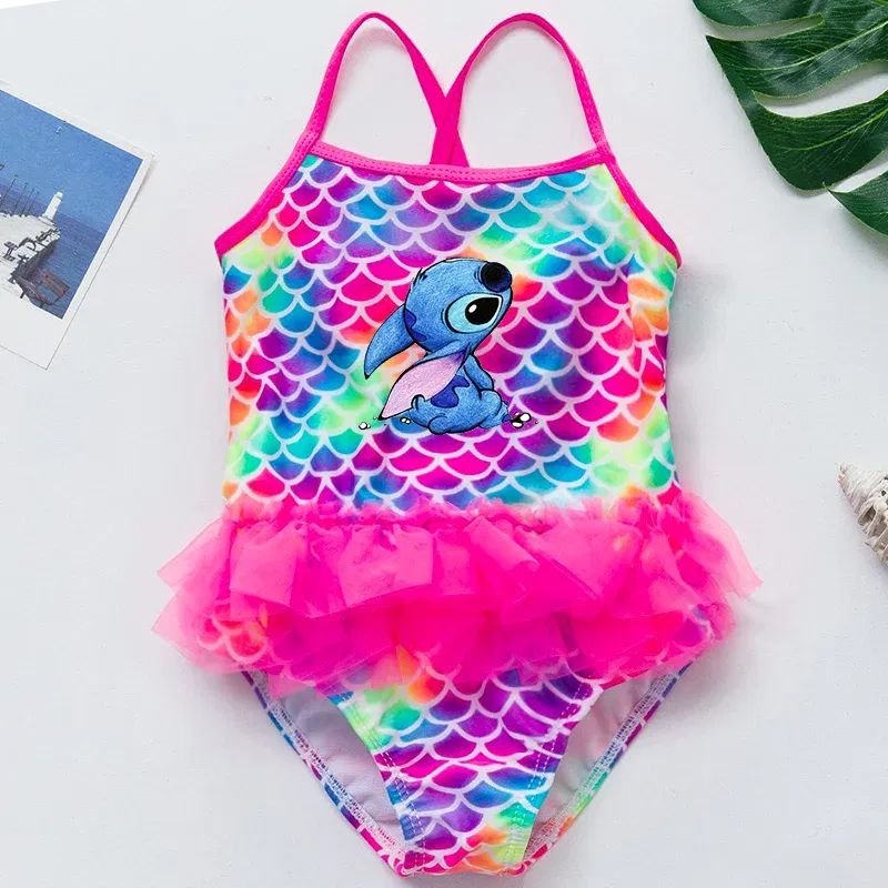 Color: army green, Kid Size: 12M - Lilo Stitch Girl Swimsuit Summer One-Piece Swimwear Beachwear Pool Mermaid Fish Scale Print Bikini Bathing Outfit Swimming Wear