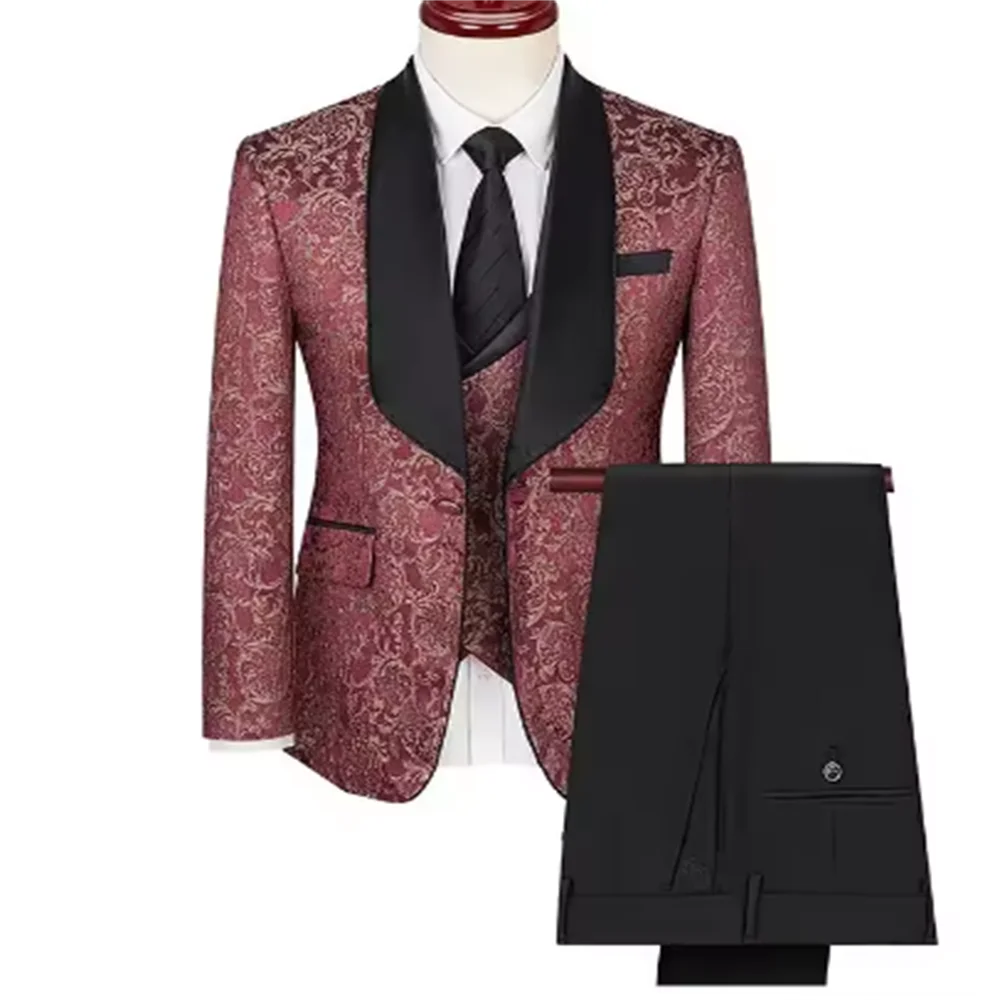 Color: Red, Size: 4XL - Green Men's Suit 3-Piece, Wedding Party Dress Jacket with Vest & Trousers, Asian Size Slim Men Sets, Beige Black Blue Available