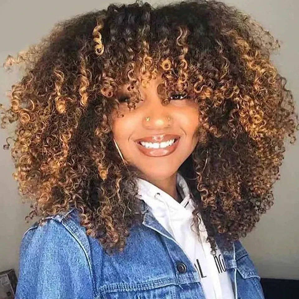 Hair Color: T Color, Stretched Length: 14inches, Density: 230% - Sleek P4/27 Afro Kinky Curly Human Hair Bob Wigs Brazilian Highlight T1b/30 Remy Hair With Bang 250% Density Black Human Hair