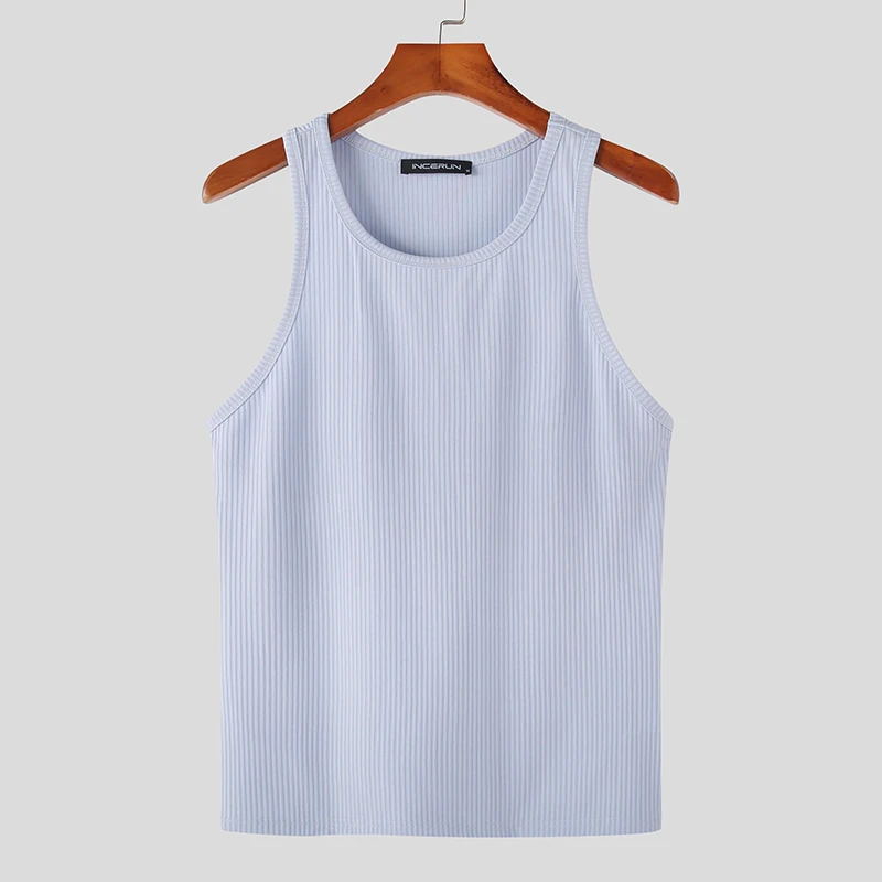 Color: Blue, Size: L - INCERUN Men Tank Tops Solid Color O-neck Sleeveless Streetwear Summer Casual Vests Skinny 2023 Fashion Leisure Men Clothing 5XL
