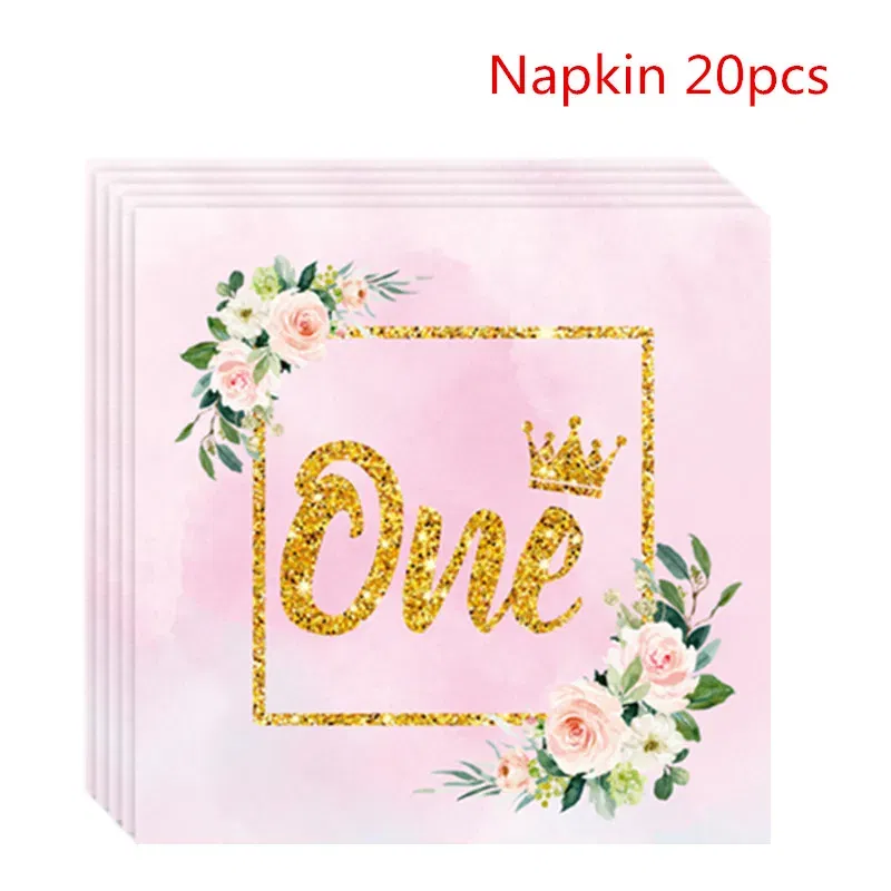 Color: Fluorescence Yellow - Girls One First Happy Birthday Disposable Tableware Pink Plate Napkins Cup Hat for Baby Shower 1 Year Old Birthday Party Deco