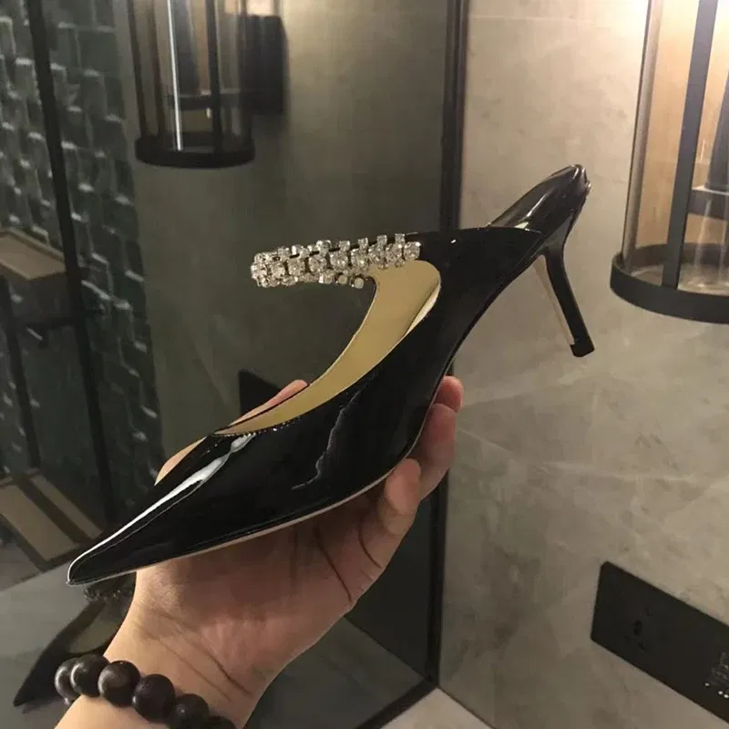 Color: Beige, Shoe Size: 35, Ships From: CHINA - Elegant Leather Mules Pointed Toe Stylish Rhinestone Embellished High Heel Sandals Sophisticated Party Evening Shoes Footwear