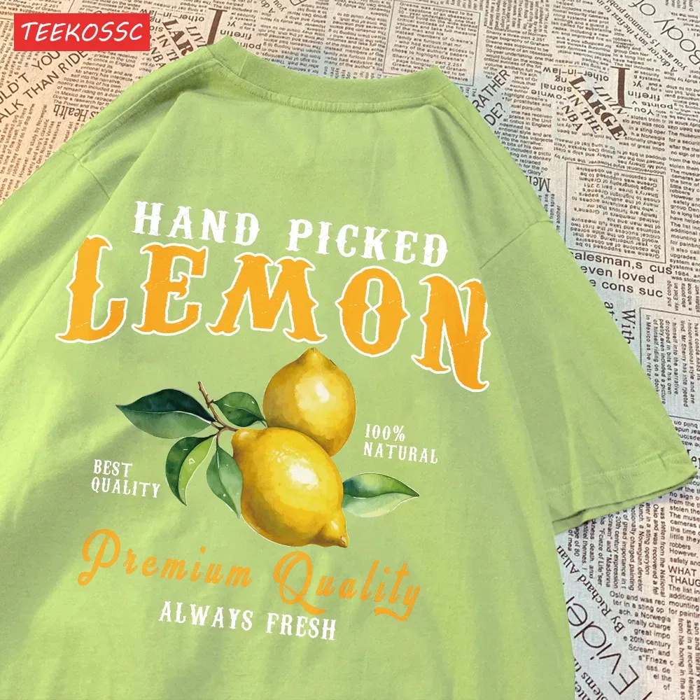 Color: Malachite Blue, Size: M - Summer Lemon Cherries Prints T-Shirts Cotton Women's Tops Oversize O-Neck Soft Short Sleeve tees Street Casual Womans Clothes